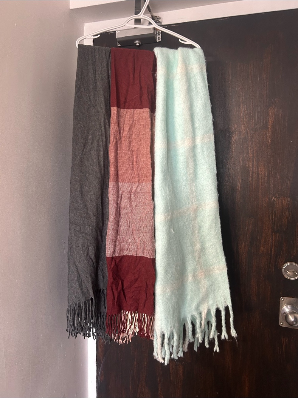 Soft Fringe Throw Scarf in Charcoal, Burgundy & Mint - Unbranded